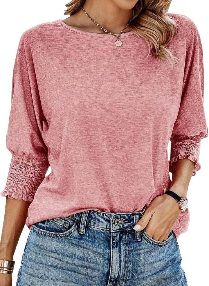 Aria | Women's Long Sleeve Batwing Blouse Smocked Frill Cuffs