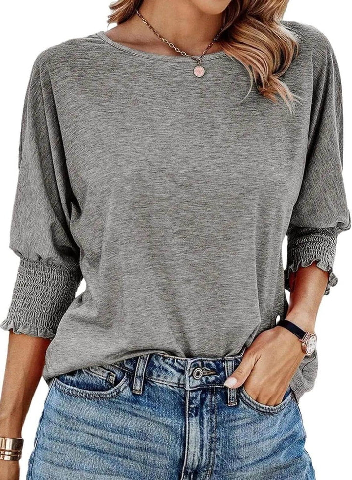 Aria | Women's Long Sleeve Batwing Blouse Smocked Frill Cuffs