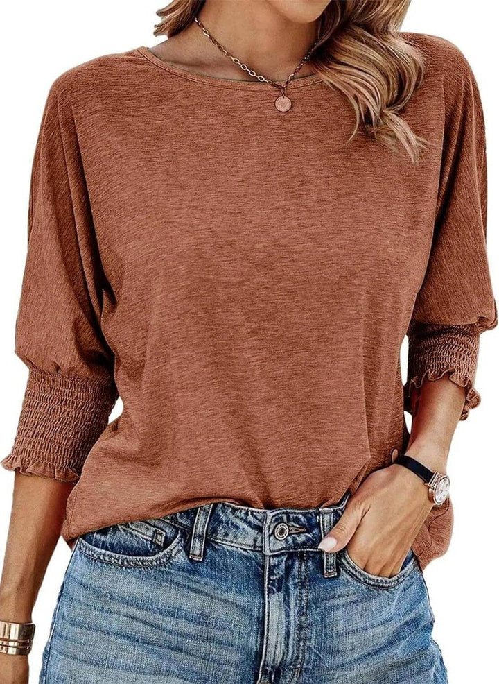 Aria | Women's Long Sleeve Batwing Blouse Smocked Frill Cuffs