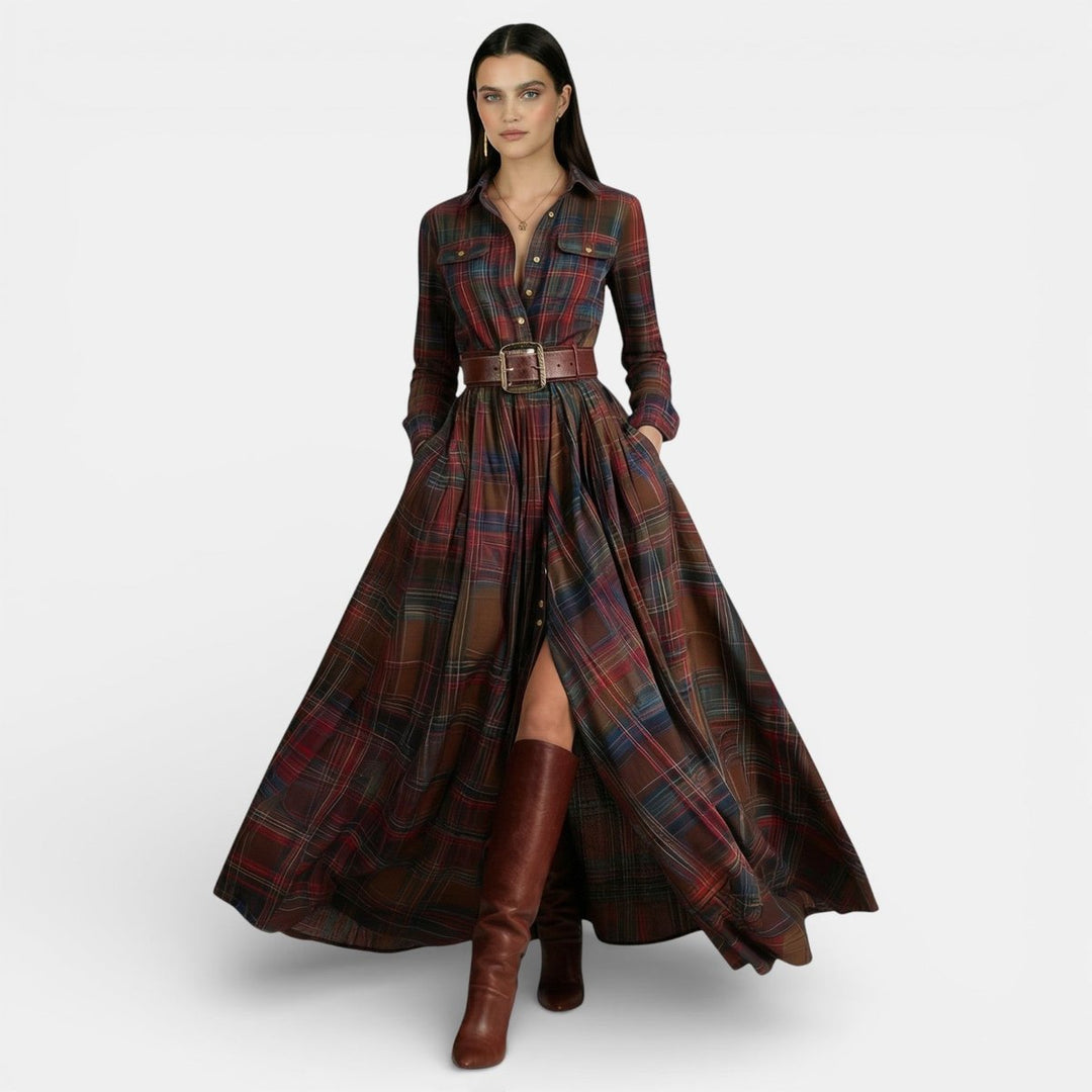 Amelia | Women's Checked Maxi Shirt Dress Long Sleeve Belted Waist
