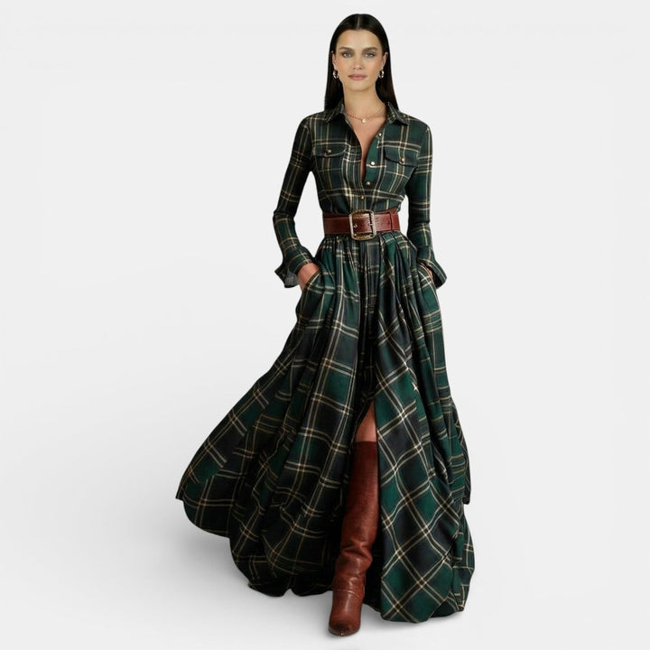 Amelia | Women's Checked Maxi Shirt Dress Long Sleeve Belted Waist