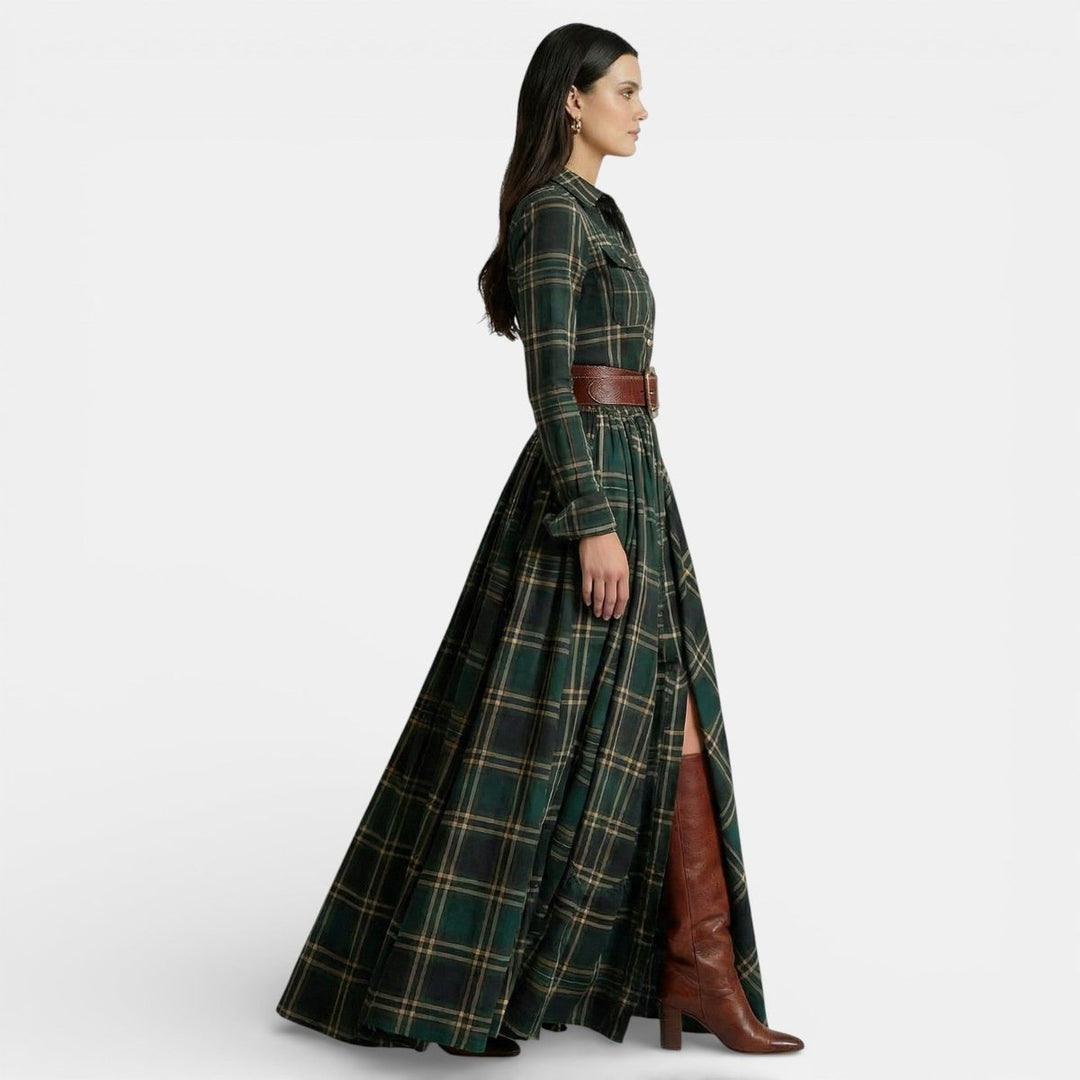 Amelia | Women's Checked Maxi Shirt Dress Long Sleeve Belted Waist
