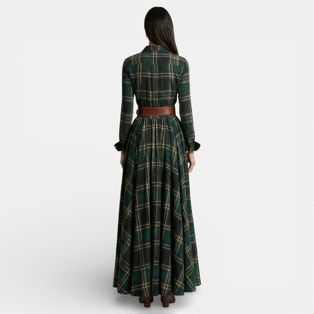 Amelia | Women's Checked Maxi Shirt Dress Long Sleeve Belted Waist