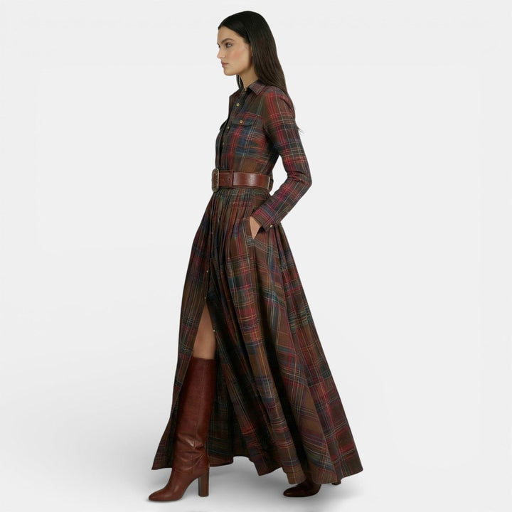 Amelia | Women's Checked Maxi Shirt Dress Long Sleeve Belted Waist