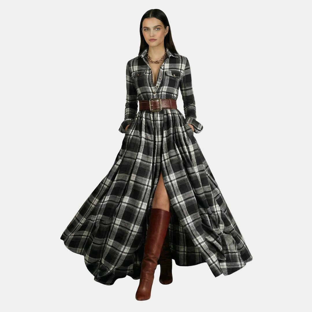 Amelia | Women's Checked Maxi Shirt Dress Long Sleeve Belted Waist