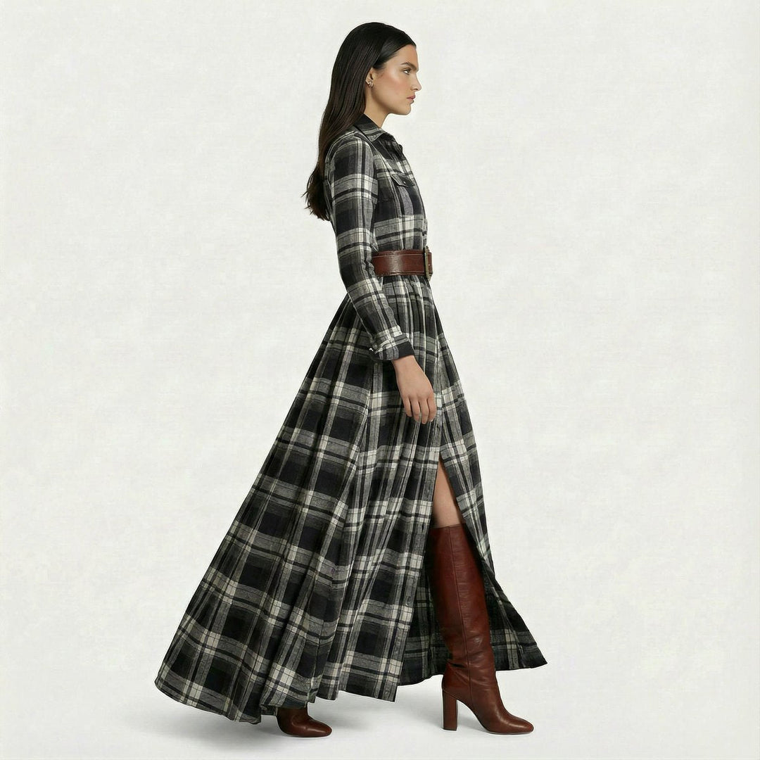 Amelia | Women's Checked Maxi Shirt Dress Long Sleeve Belted Waist