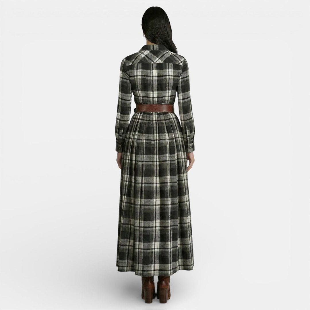 Amelia | Women's Checked Maxi Shirt Dress Long Sleeve Belted Waist