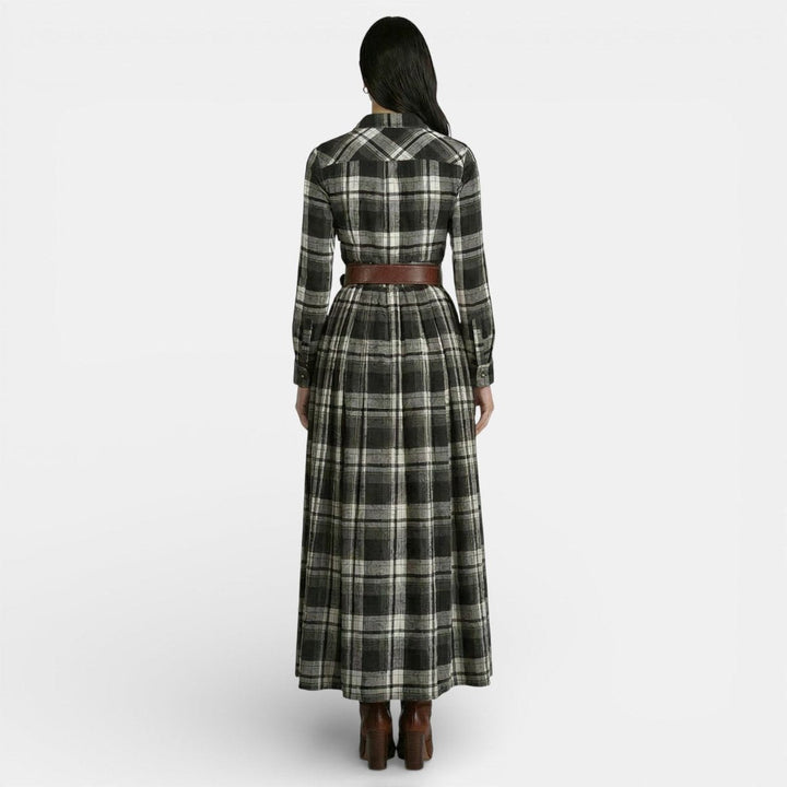 Amelia | Women's Checked Maxi Shirt Dress Long Sleeve Belted Waist
