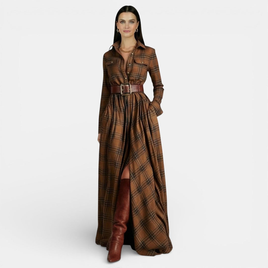 Amelia | Women's Checked Maxi Shirt Dress Long Sleeve Belted Waist