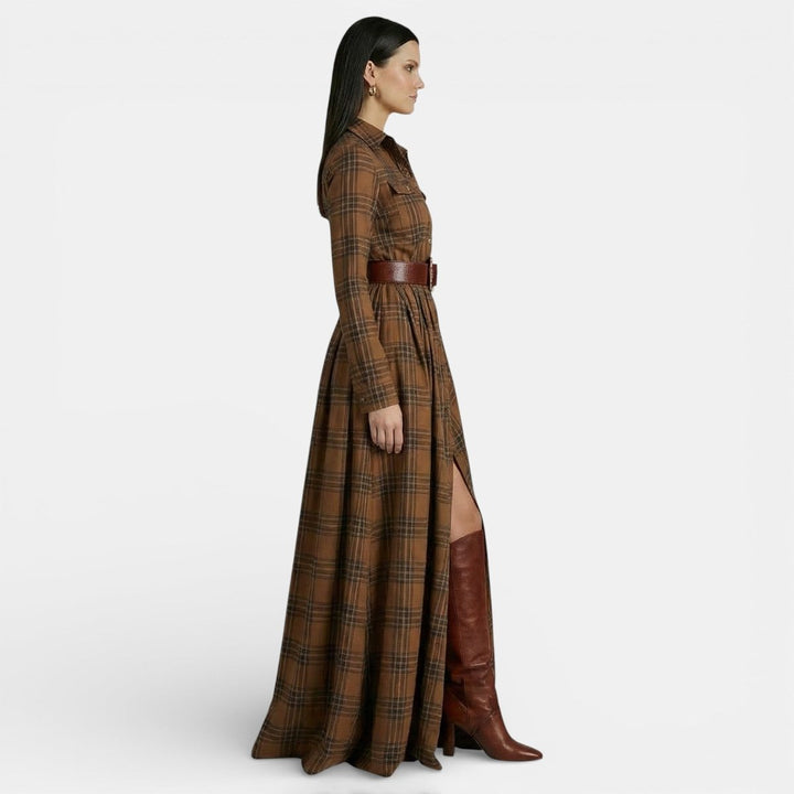 Amelia | Women's Checked Maxi Shirt Dress Long Sleeve Belted Waist