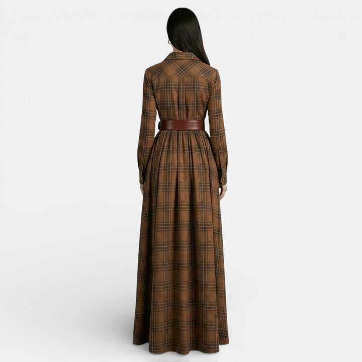 Amelia | Women's Checked Maxi Shirt Dress Long Sleeve Belted Waist