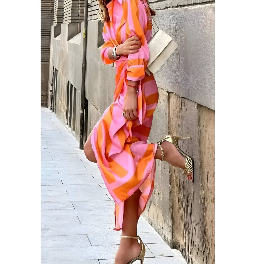 Ivy | Women's Long-Sleeve Wrap Midi Shirt Dress Bold Stripe