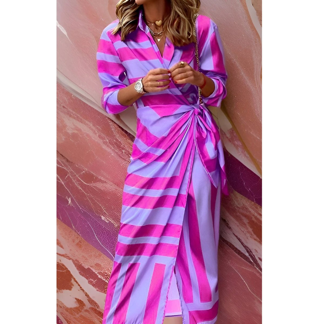 Ivy | Women's Long-Sleeve Wrap Midi Shirt Dress Bold Stripe