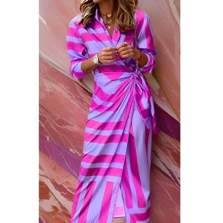 Ivy | Women's Long-Sleeve Wrap Midi Shirt Dress Bold Stripe