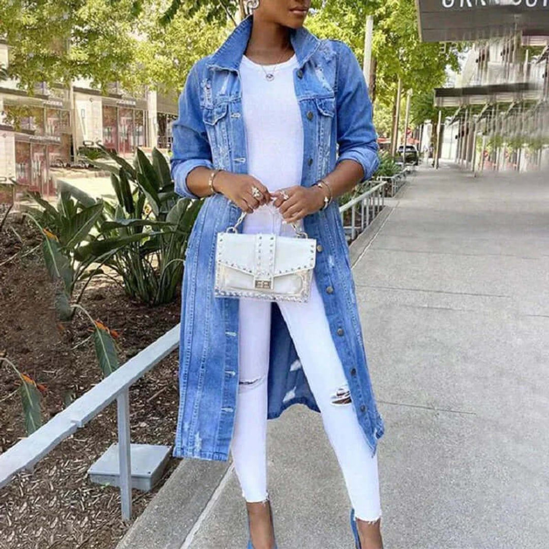 Ella | Women's Longline Distressed Denim Trench Coat