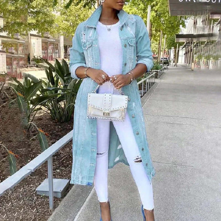 Ella | Women's Longline Distressed Denim Trench Coat