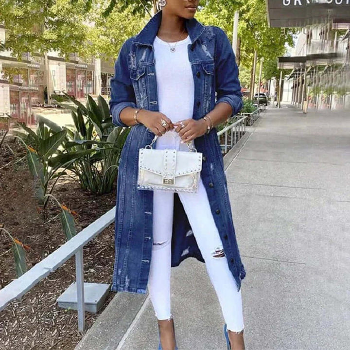 Ella | Women's Longline Distressed Denim Trench Coat