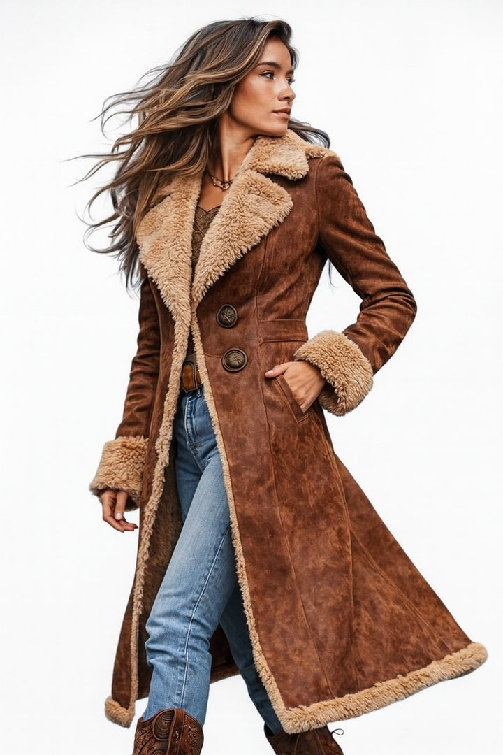 Lily | Women's Longline Shearling-Lined Suede Trench Coat Faux Fur Trim