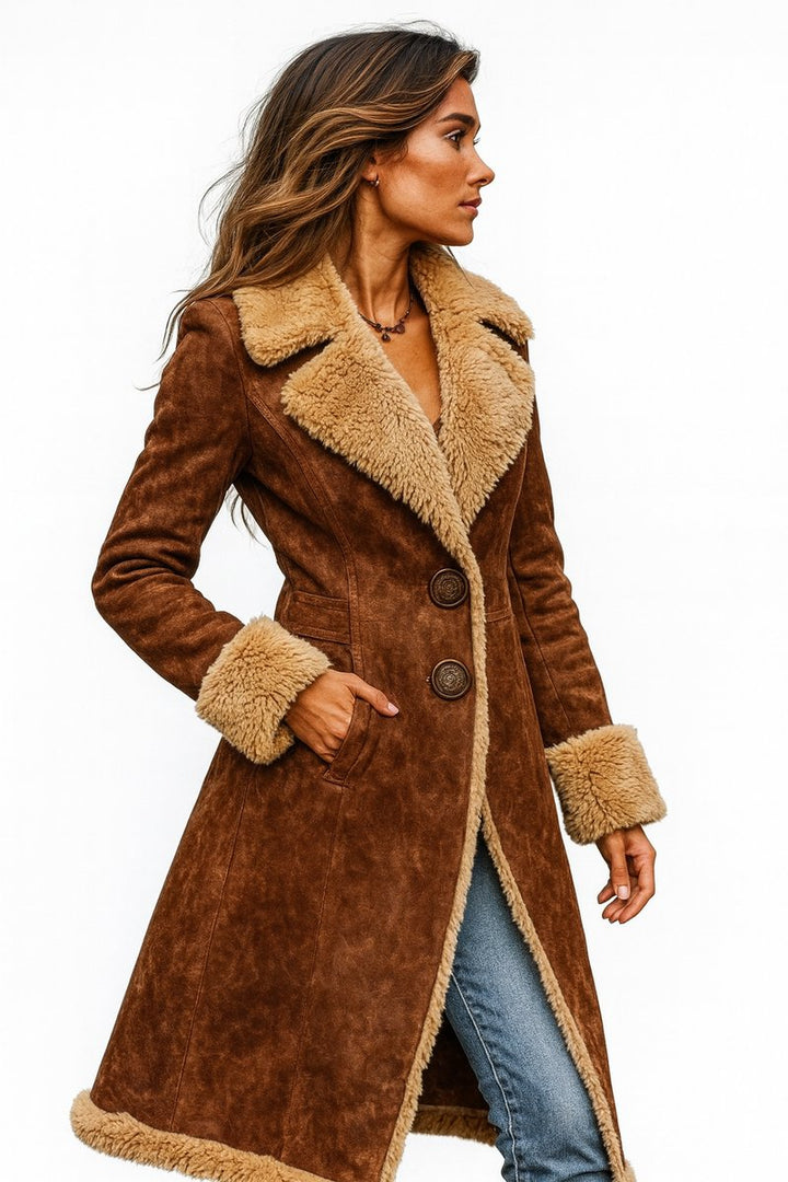 Lily | Women's Longline Shearling-Lined Suede Trench Coat Faux Fur Trim