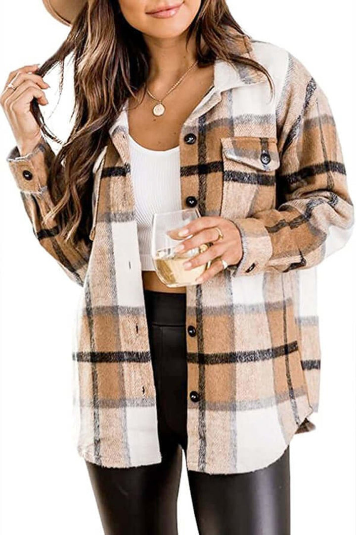 Florence | Women's Checked Shacket Loose Fit Long Sleeve Button Front