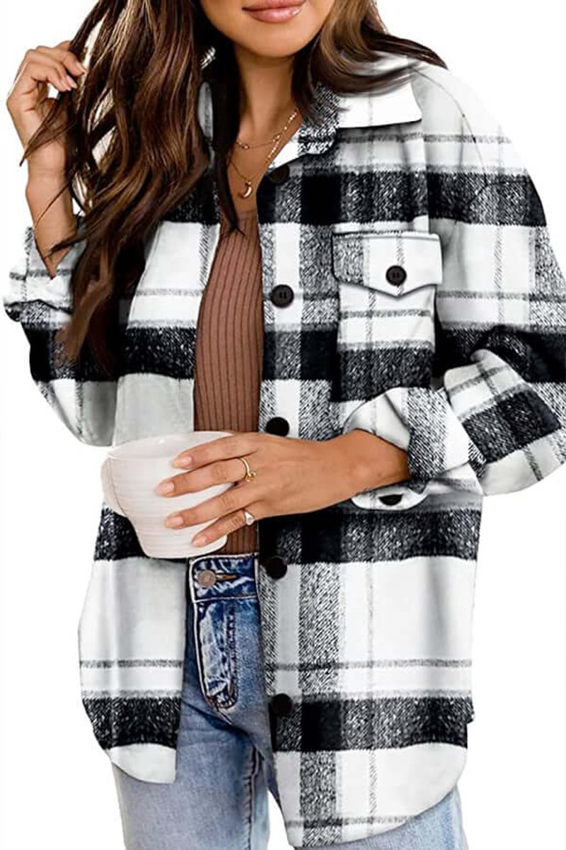 Florence | Women's Checked Shacket Loose Fit Long Sleeve Button Front