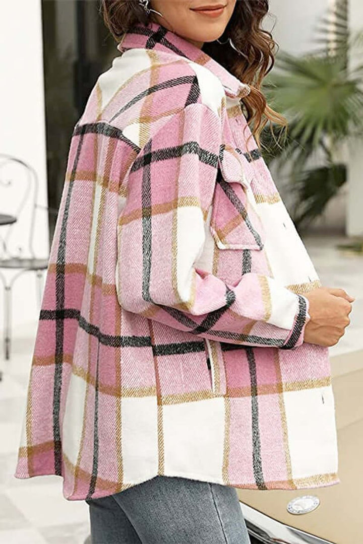 Florence | Women's Checked Shacket Loose Fit Long Sleeve Button Front