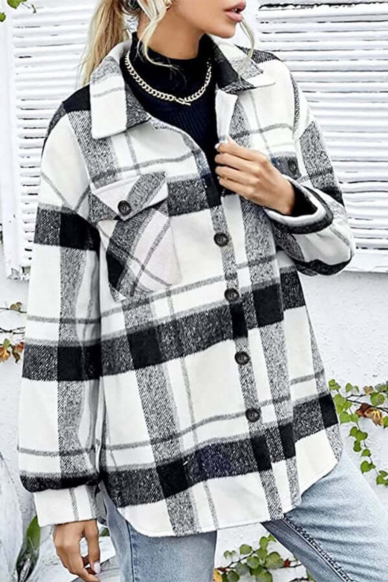 Florence | Women's Checked Shacket Loose Fit Long Sleeve Button Front