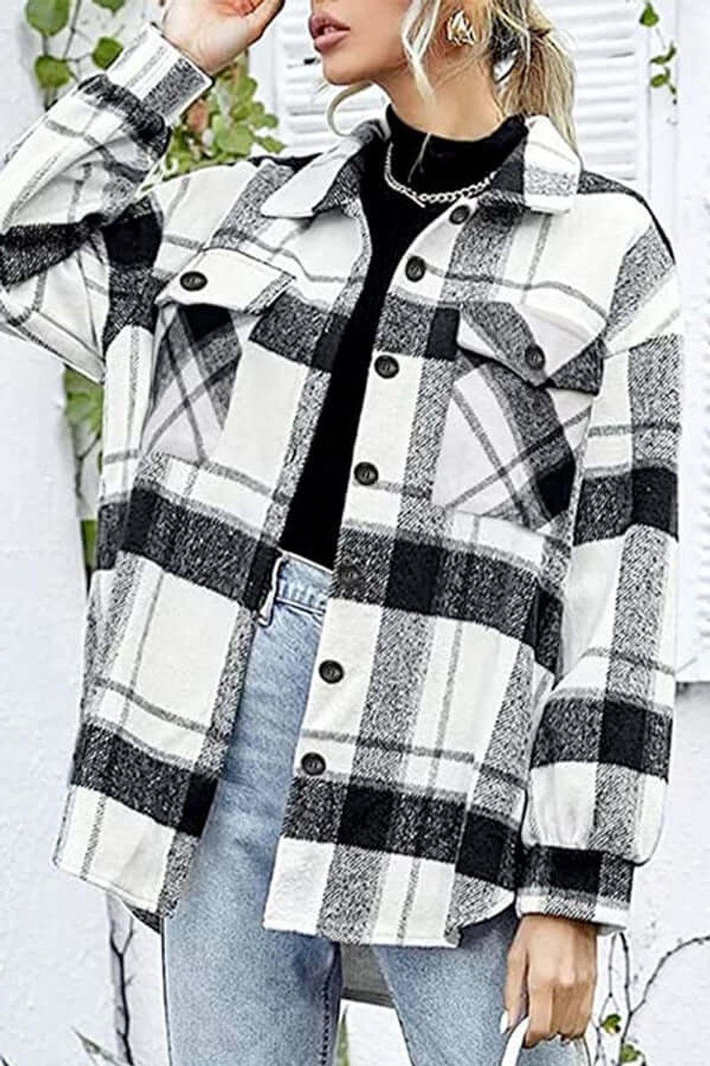 Florence | Women's Checked Shacket Loose Fit Long Sleeve Button Front