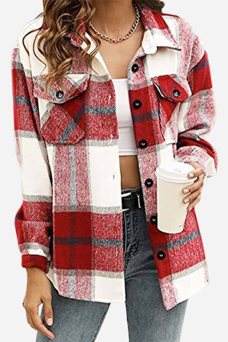 Florence | Women's Checked Shacket Loose Fit Long Sleeve Button Front