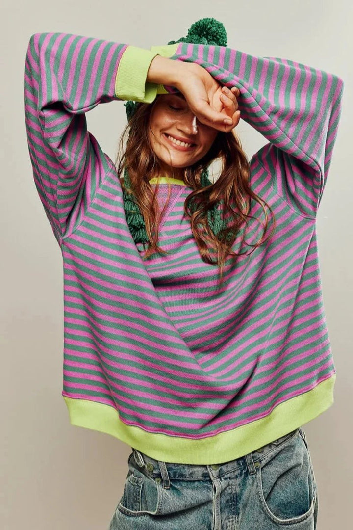 Rosie | Women's Loose-Fit Striped Knitted Jumper Wide Sleeve Crew Neck