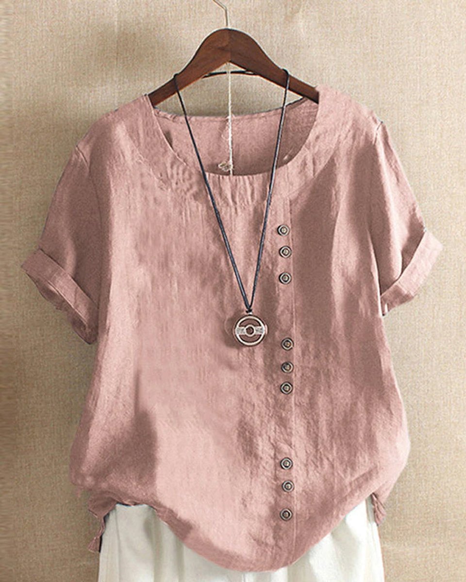 Emily | Women's Loose-Fit Blouse Asymmetric Button Crew Neck Short Sleeve