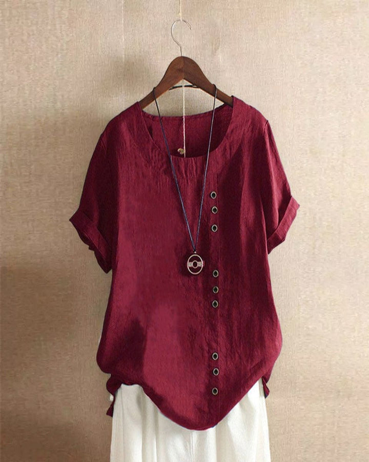 Emily | Women's Loose-Fit Blouse Asymmetric Button Crew Neck Short Sleeve