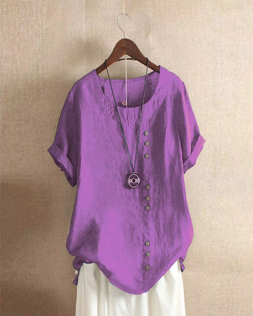 Emily | Women's Loose-Fit Blouse Asymmetric Button Crew Neck Short Sleeve