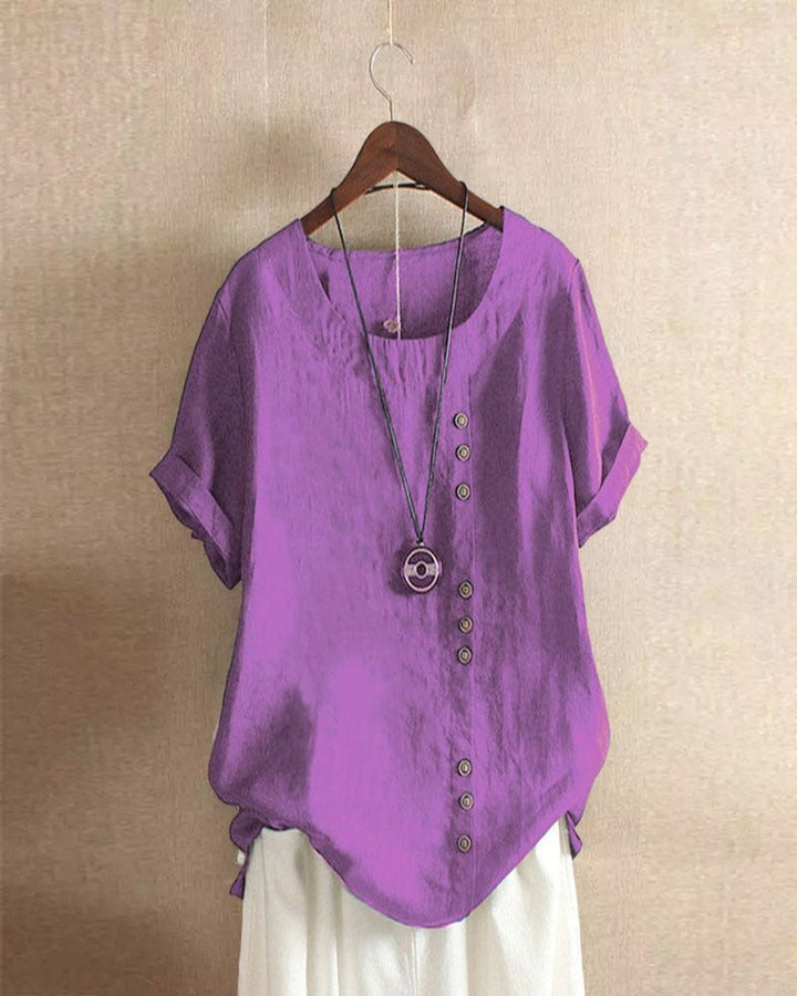 Emily | Women's Loose-Fit Blouse Asymmetric Button Crew Neck Short Sleeve