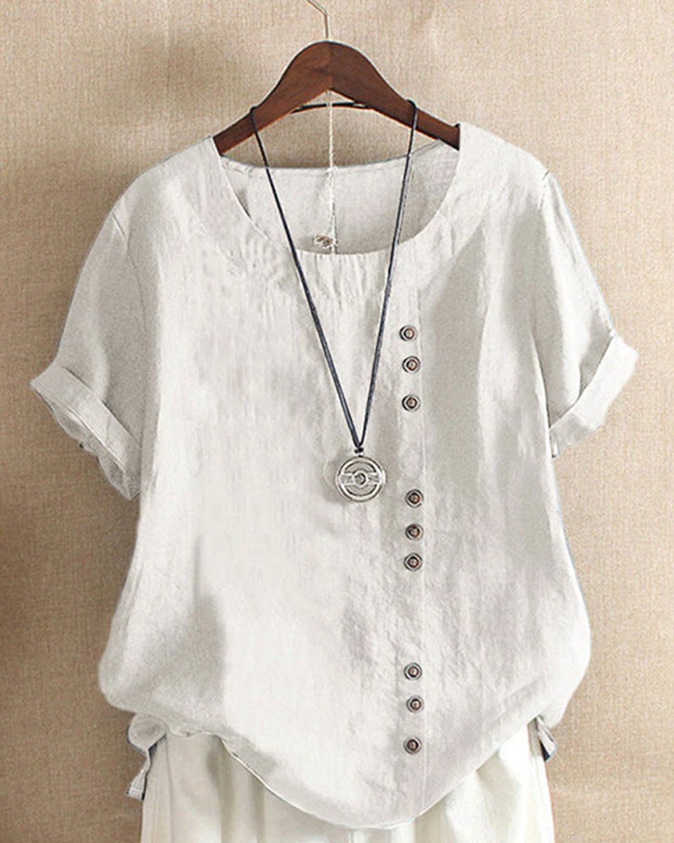 Emily | Women's Loose-Fit Blouse Asymmetric Button Crew Neck Short Sleeve