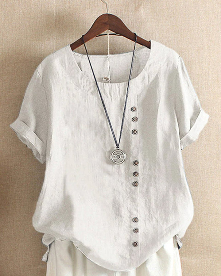 Emily | Women's Loose-Fit Blouse Asymmetric Button Crew Neck Short Sleeve