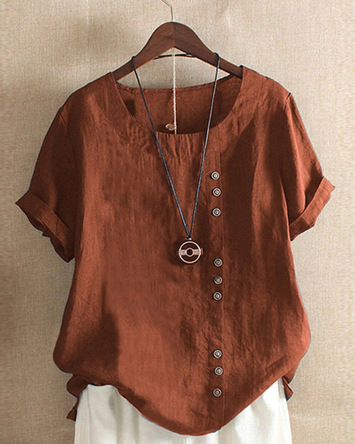 Emily | Women's Loose-Fit Blouse Asymmetric Button Crew Neck Short Sleeve