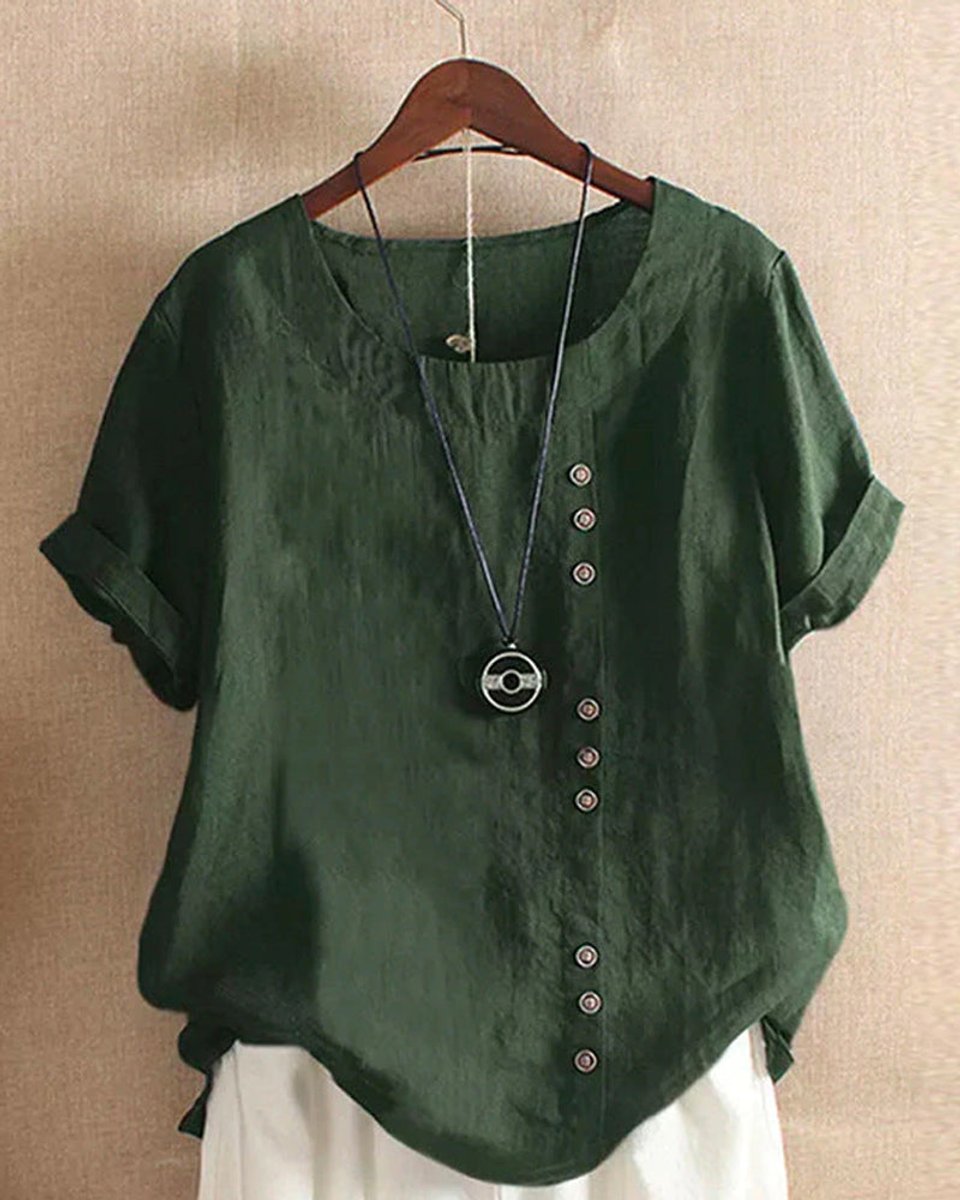 Emily | Women's Loose-Fit Blouse Asymmetric Button Crew Neck Short Sleeve