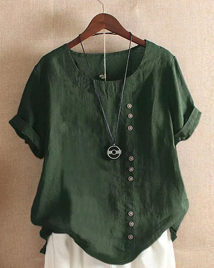 Emily | Women's Loose-Fit Blouse Asymmetric Button Crew Neck Short Sleeve