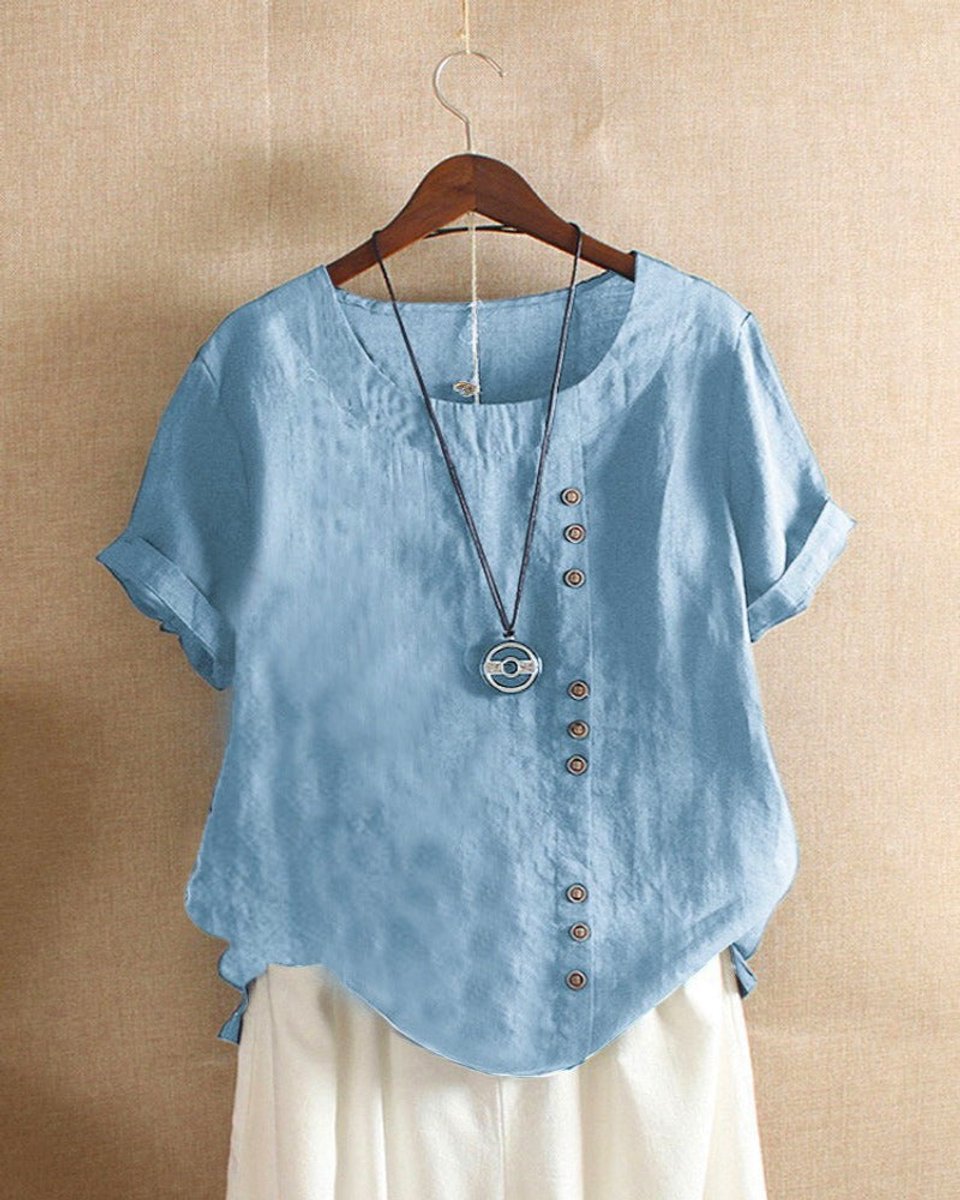 Emily | Women's Loose-Fit Blouse Asymmetric Button Crew Neck Short Sleeve