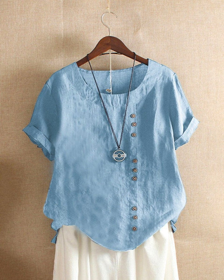 Emily | Women's Loose-Fit Blouse Asymmetric Button Crew Neck Short Sleeve