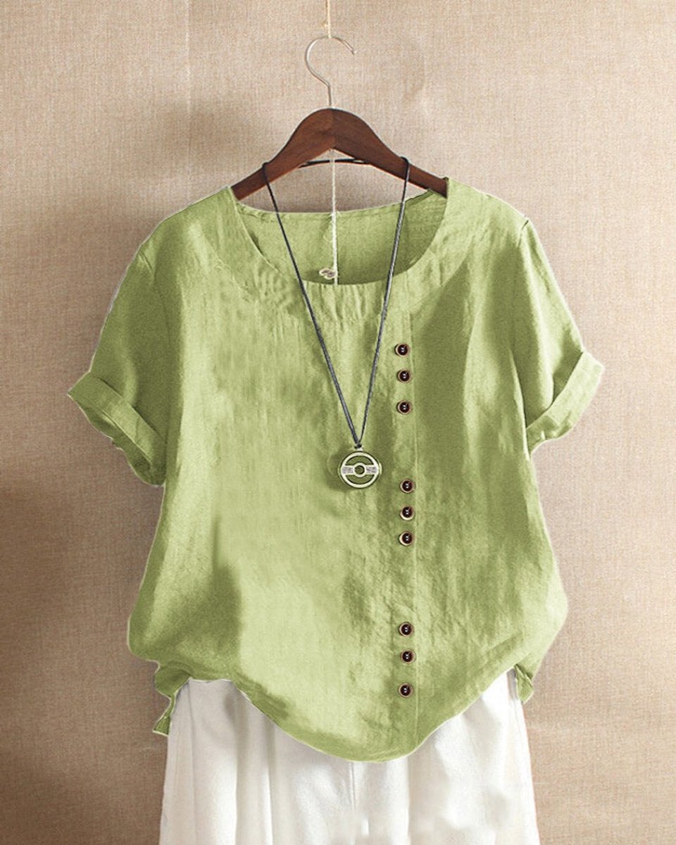 Emily | Women's Loose-Fit Blouse Asymmetric Button Crew Neck Short Sleeve
