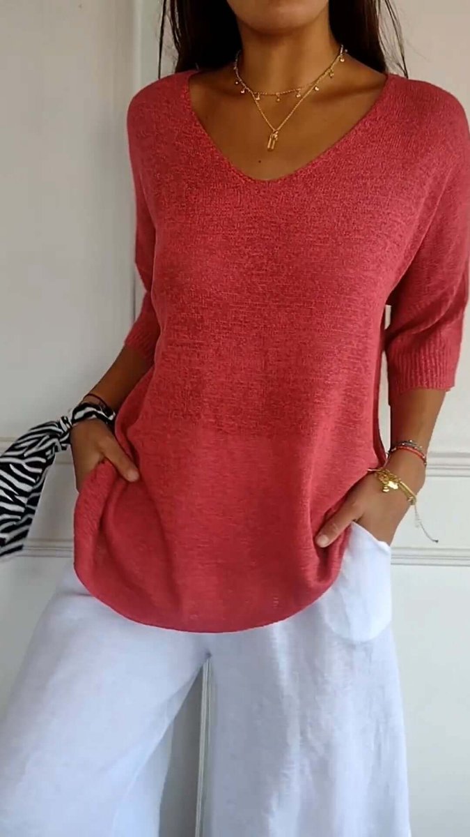 Ella | Women's Loose V-Neck Knitted Jumper Longline Ribbed Sleeves