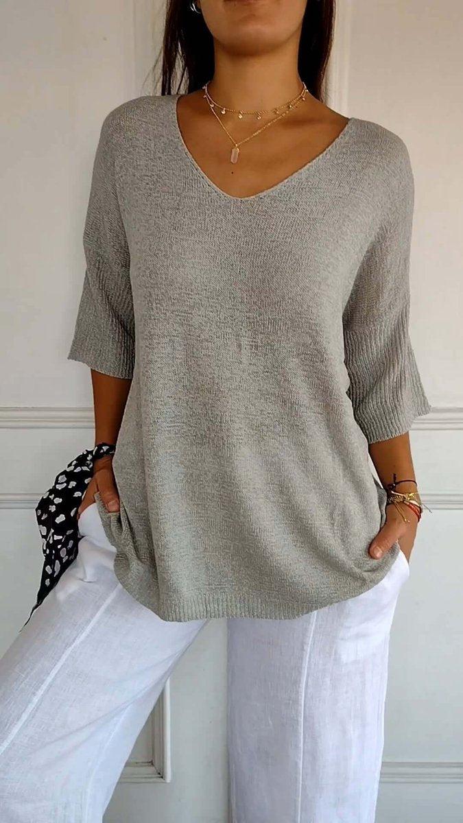 Ella | Women's Loose V-Neck Knitted Jumper Longline Ribbed Sleeves
