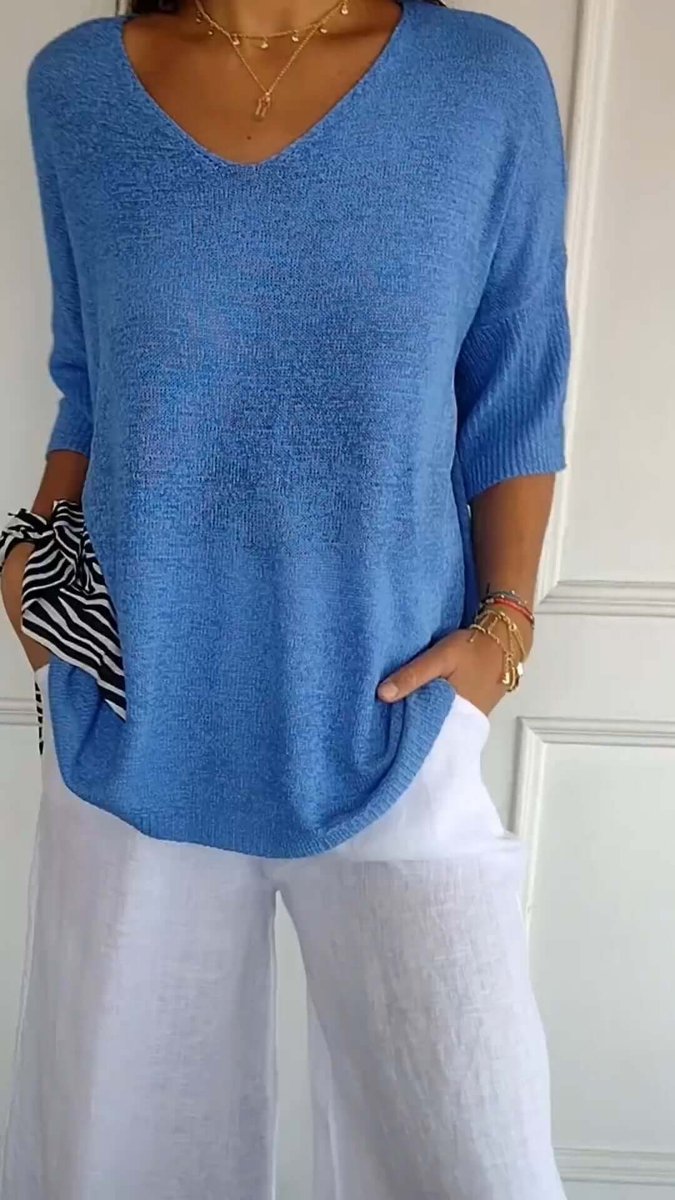 Ella | Women's Loose V-Neck Knitted Jumper Longline Ribbed Sleeves