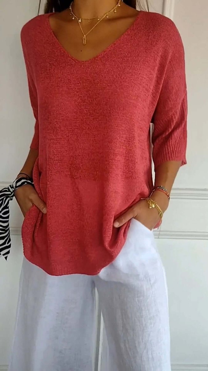 Ella | Women's Loose V-Neck Knitted Jumper Longline Ribbed Sleeves
