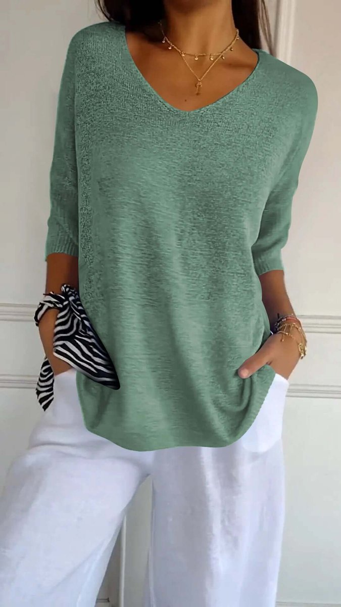 Ella | Women's Loose V-Neck Knitted Jumper Longline Ribbed Sleeves