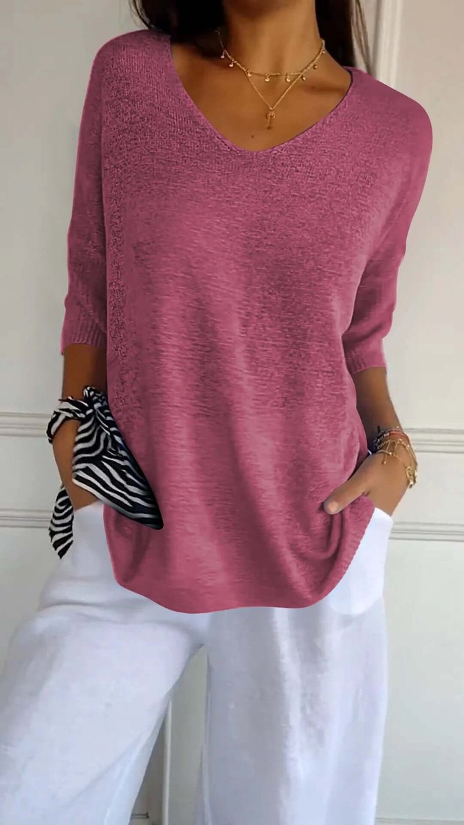 Ella | Women's Loose V-Neck Knitted Jumper Longline Ribbed Sleeves
