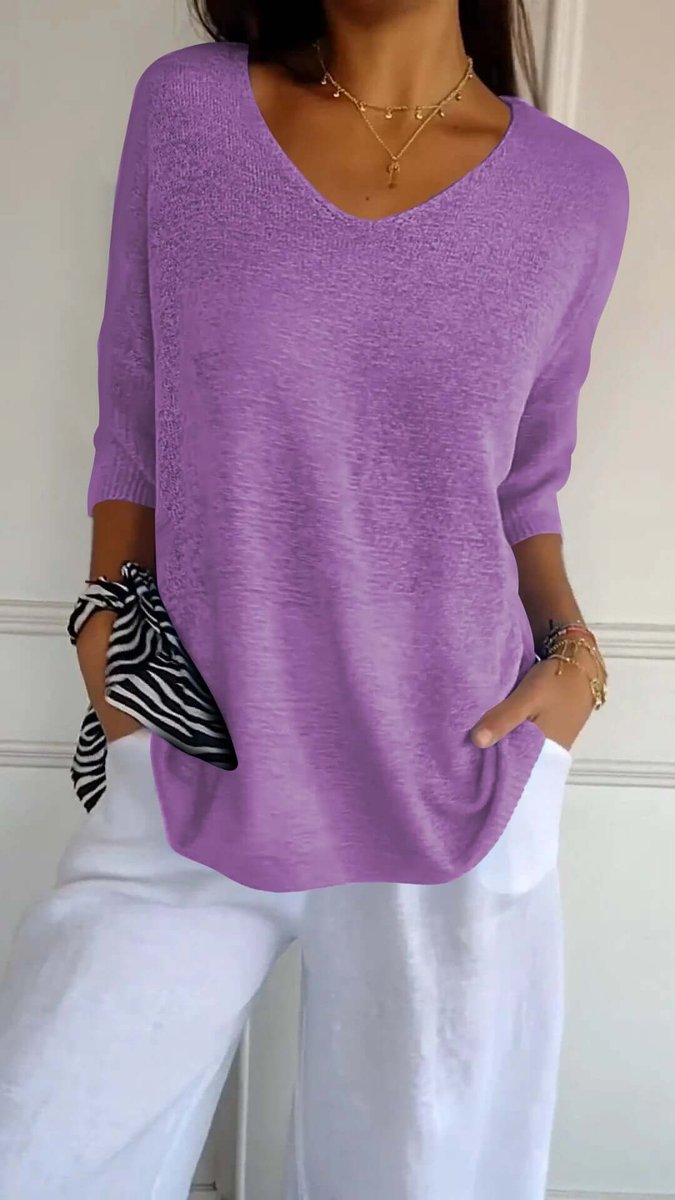 Ella | Women's Loose V-Neck Knitted Jumper Longline Ribbed Sleeves