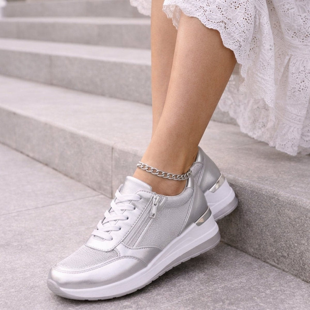 Aria | Women's Metallic Lace-Up Wedge Platform Trainers Side Zip